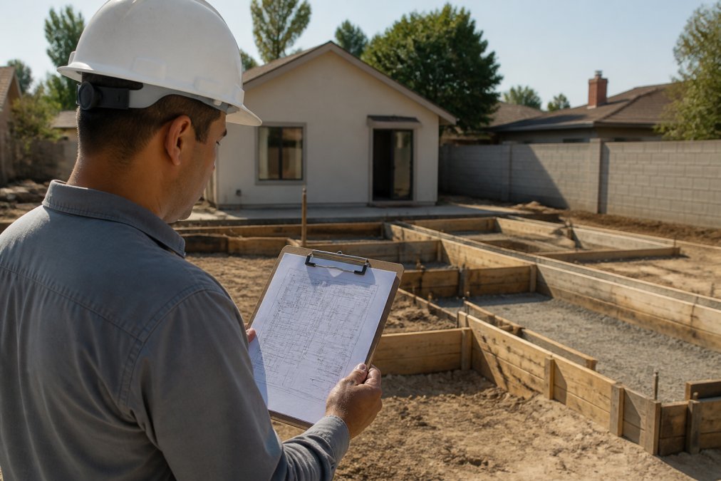 A construction worker in a hard hat reviewing a foundation plan document on a clipboard at a residential building site with concrete forms in the background
