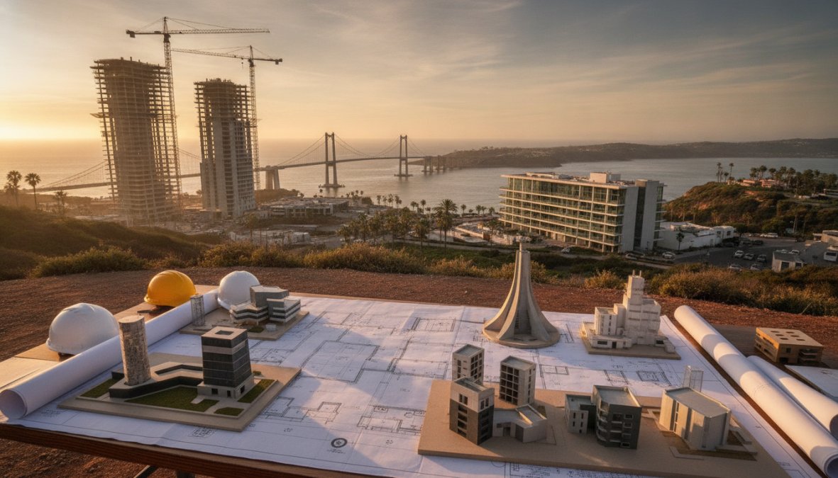 A licensed structural engineer in a hard hat reviewing large-format blueprints at a California construction site, with a partially framed wood-framed building structure visible in the background under bright afternoon sunlight