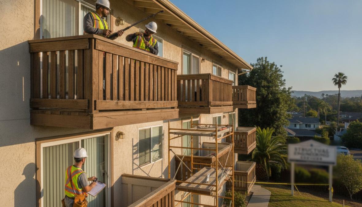 A professional inspector in a safety vest closely examining the underside of a residential balcony railing and deck surface with a flashlight and clipboard, on a sunny California property with palm trees visible in the background