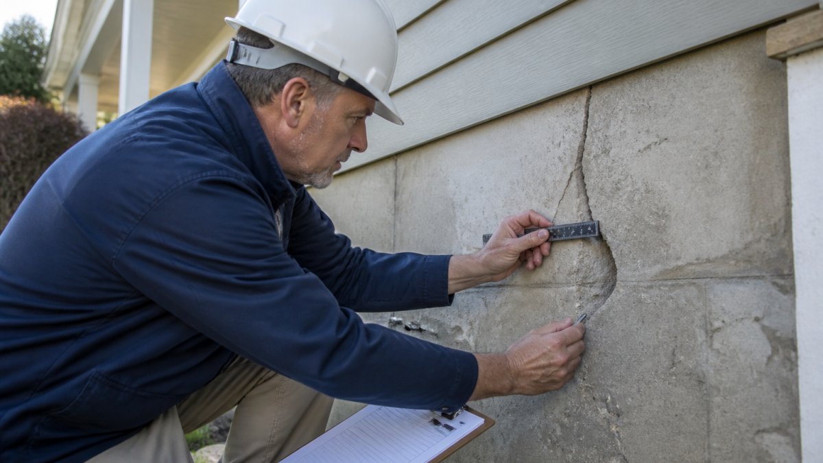 Licensed inspector using tools to examine foundation cracks during a structural home inspection