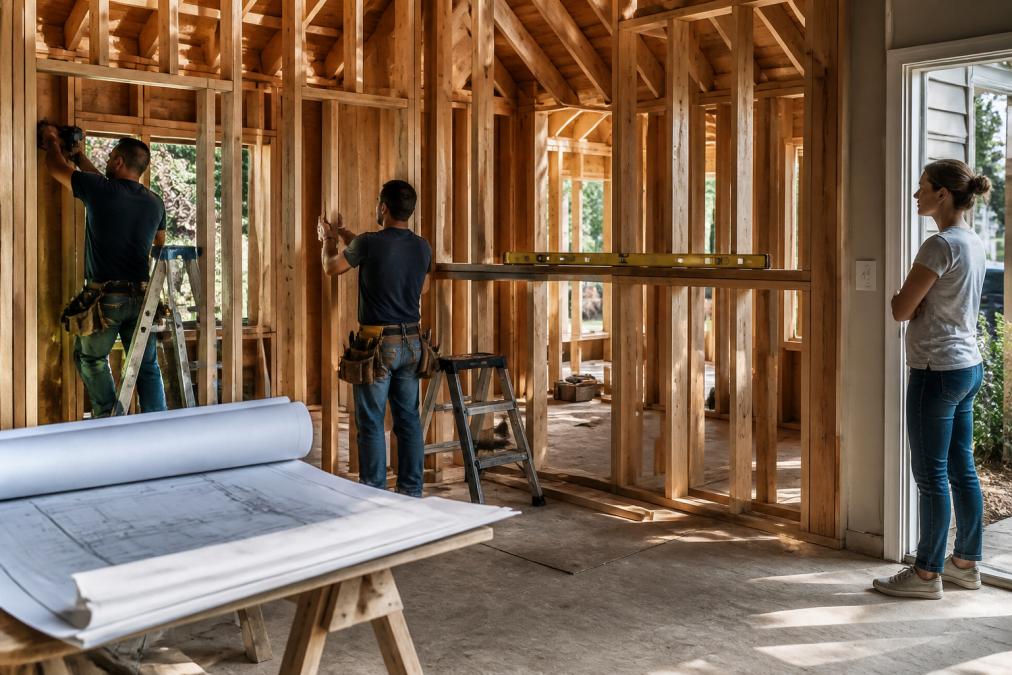A construction crew working on the interior framing of a home addition, exposed wood studs, a level resting on a beam, and rolled blueprints on a sawhorse, while a homeowner watches from a doorway in soft afternoon light