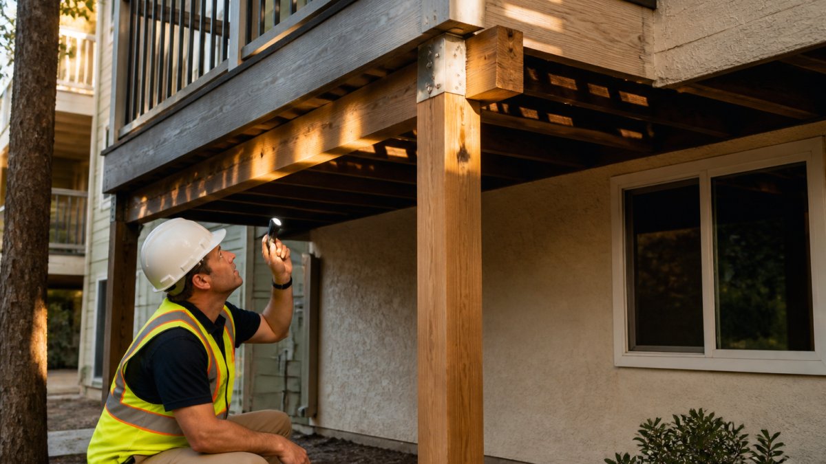 A licensed inspector in a hard hat and safety vest crouched beneath a multi-story apartment balcony, shining a flashlight up at the ledger connection and support posts, late afternoon light filtering through the deck boards