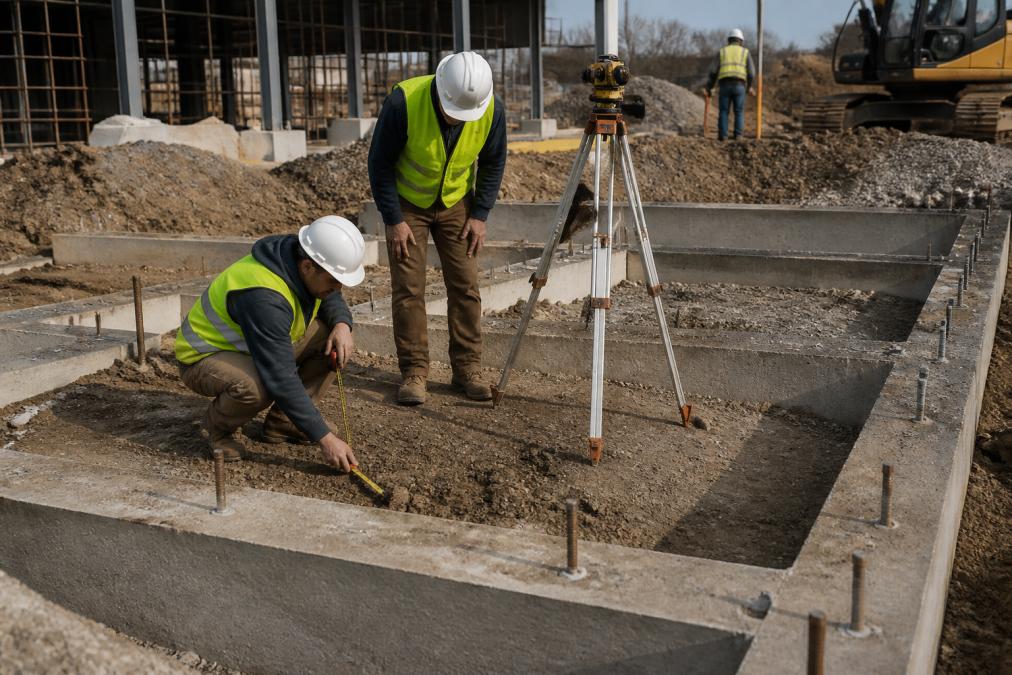 Construction team inspecting foundation work on commercial site, with workers examining concrete footings and measuring with professional equipment, natural daylight on construction area
