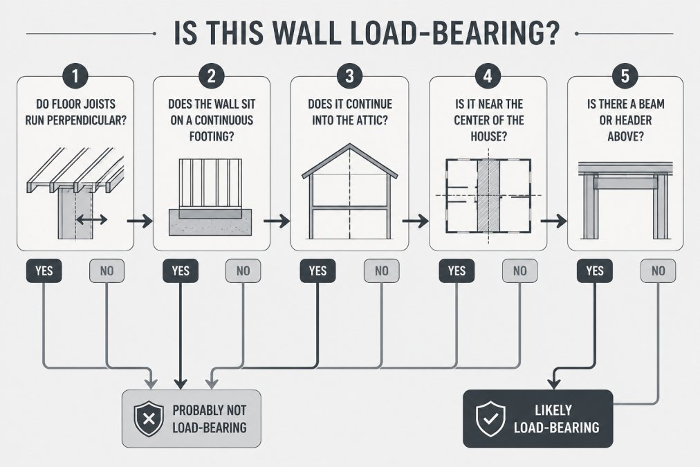 Flowchart for a structural kitchen remodel identifying if a wall is load-bearing through five key checks.