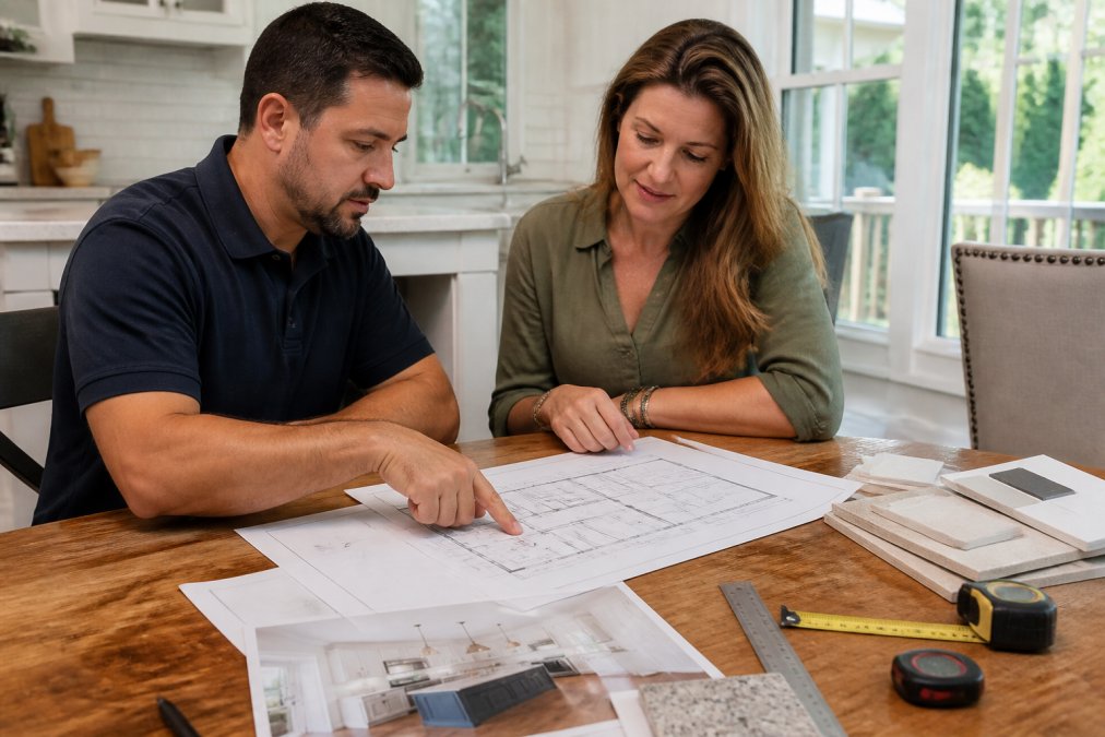 Contractor and homeowner reviewing detailed kitchen layout and design plans at a wooden table with measurement tools, material samples, and 3D renderings in natural daylight