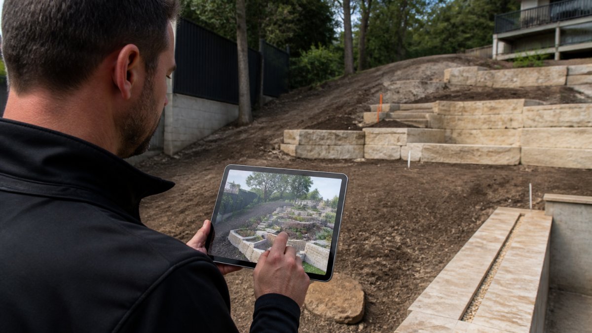 Professional landscape designer reviewing 3D digital plans on tablet with property site visible in background, showing sloped outdoor terrain and measurement markers