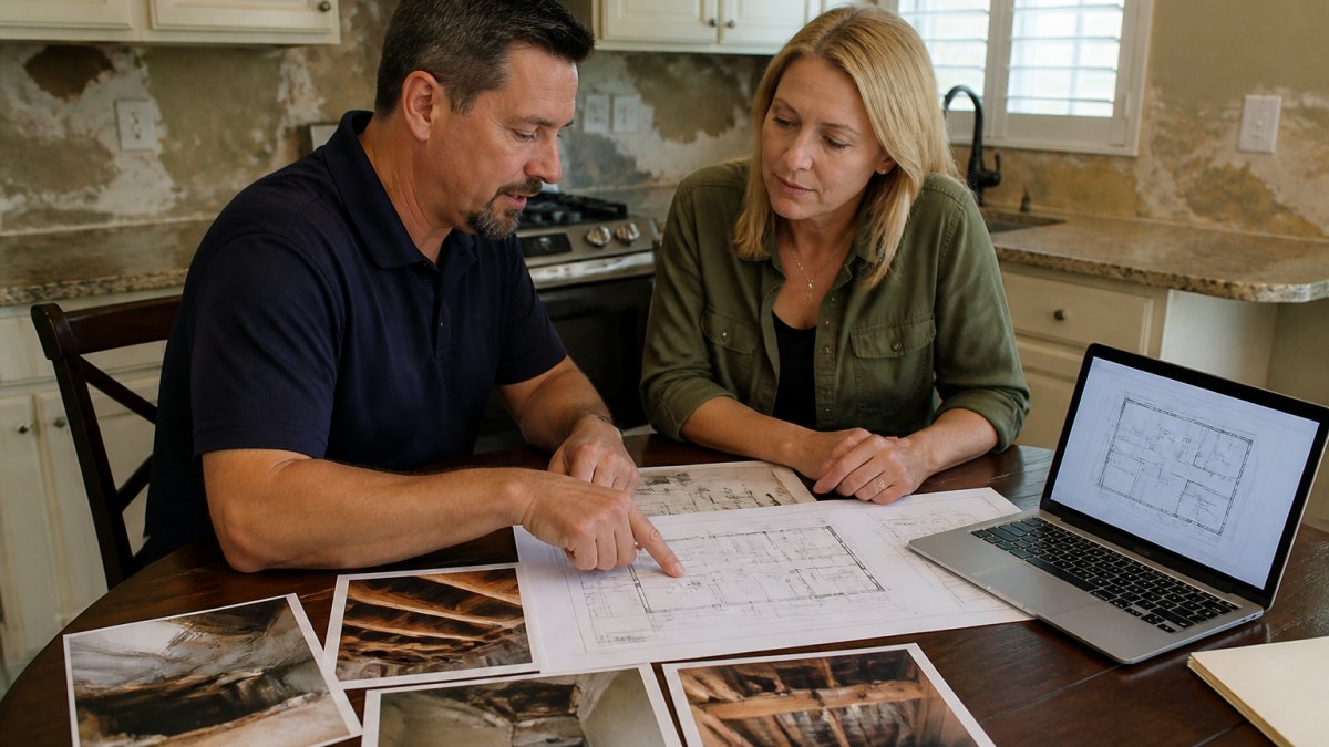 A structural engineer and homeowner reviewing blueprints and damage photos at a kitchen table, with a laptop showing a floor plan