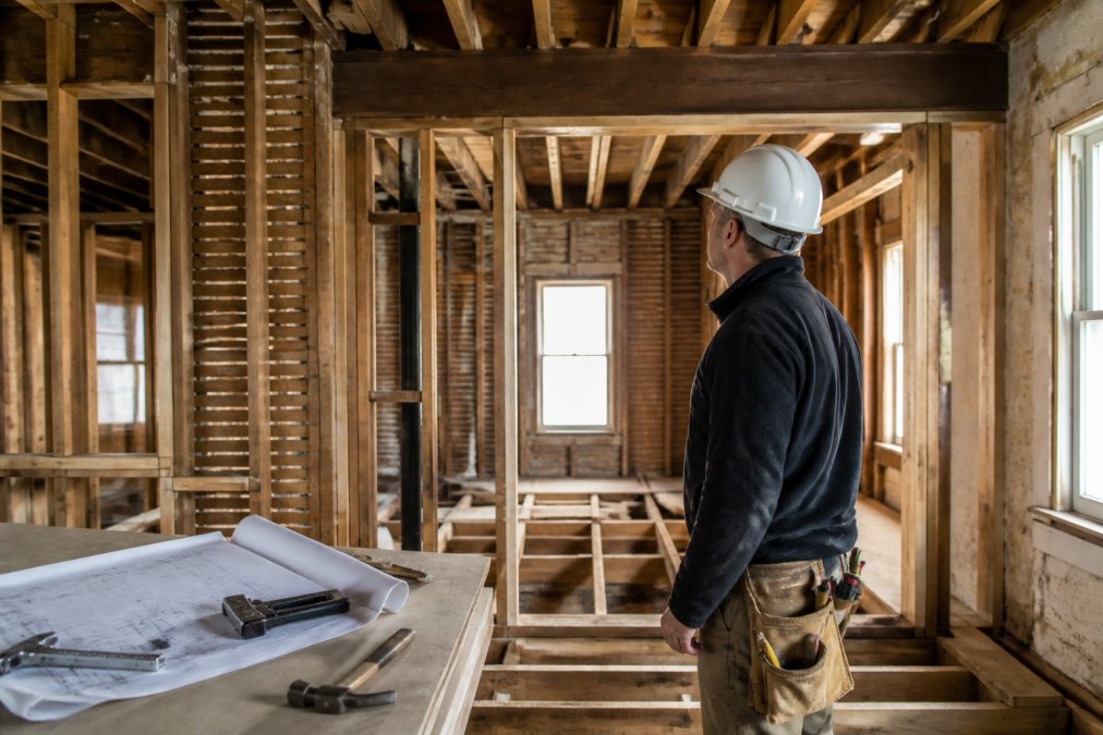 A contractor in safety gear inspecting an exposed load-bearing wall and floor joists inside an older home under renovation, with tools and architectural drawings nearby