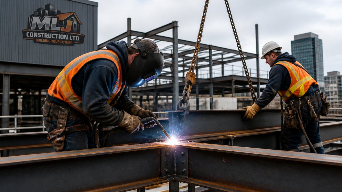 Structural steel contractors welding and assembling steel beams on a commercial building frame