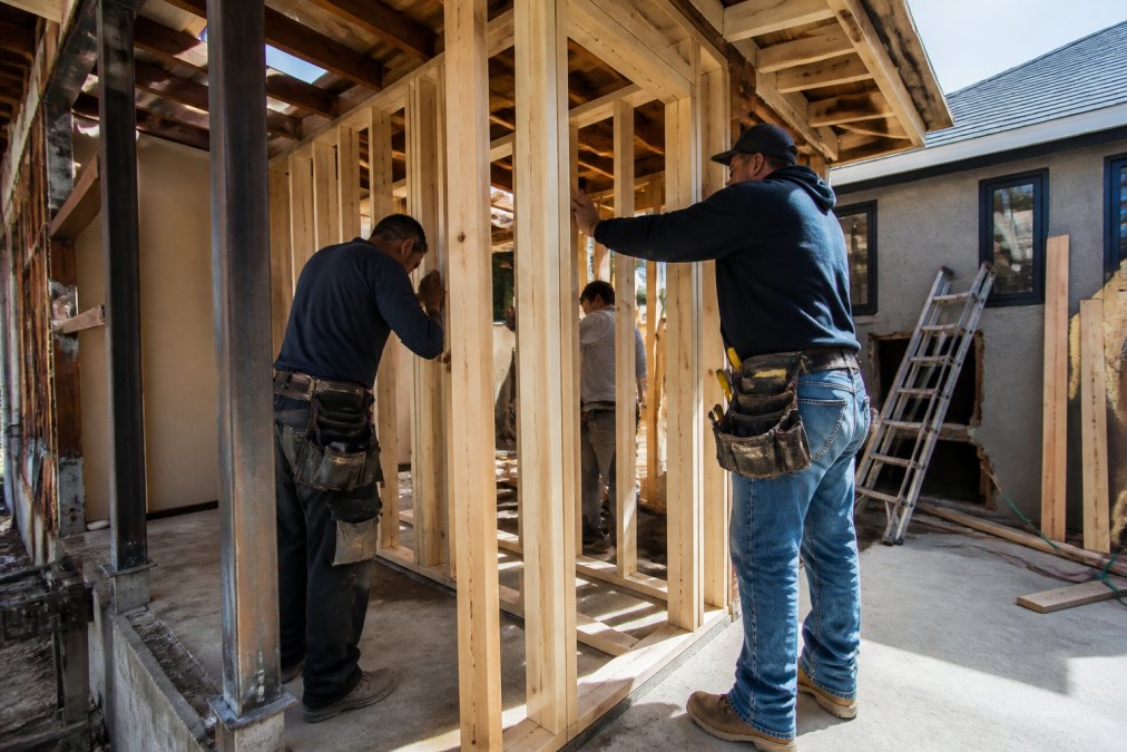 Construction crew performing structural framing work on home addition, showing load-bearing wall installation with exposed carpentry and wooden beams in daylight