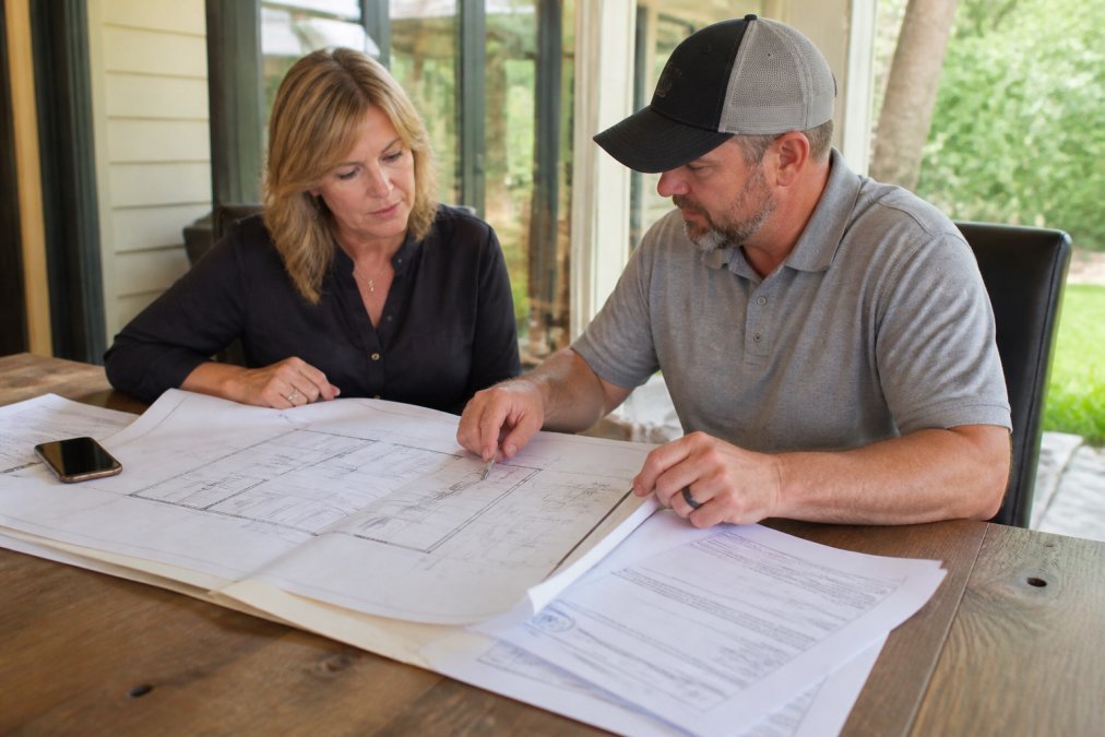 Homeowner and contractor reviewing architectural construction drawings and building permits at wooden table, examining blueprints and compliance documents with natural office lighting