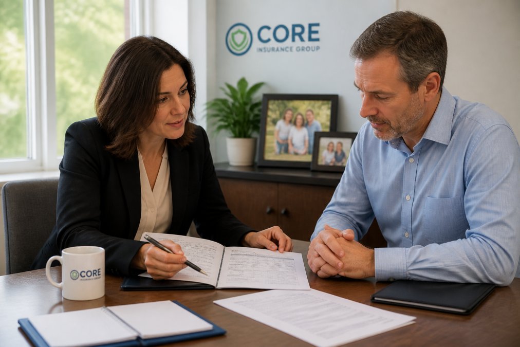 Financial advisor and client reviewing estate planning documents with life insurance policies at a desk, family photos visible in background, natural office lighting
