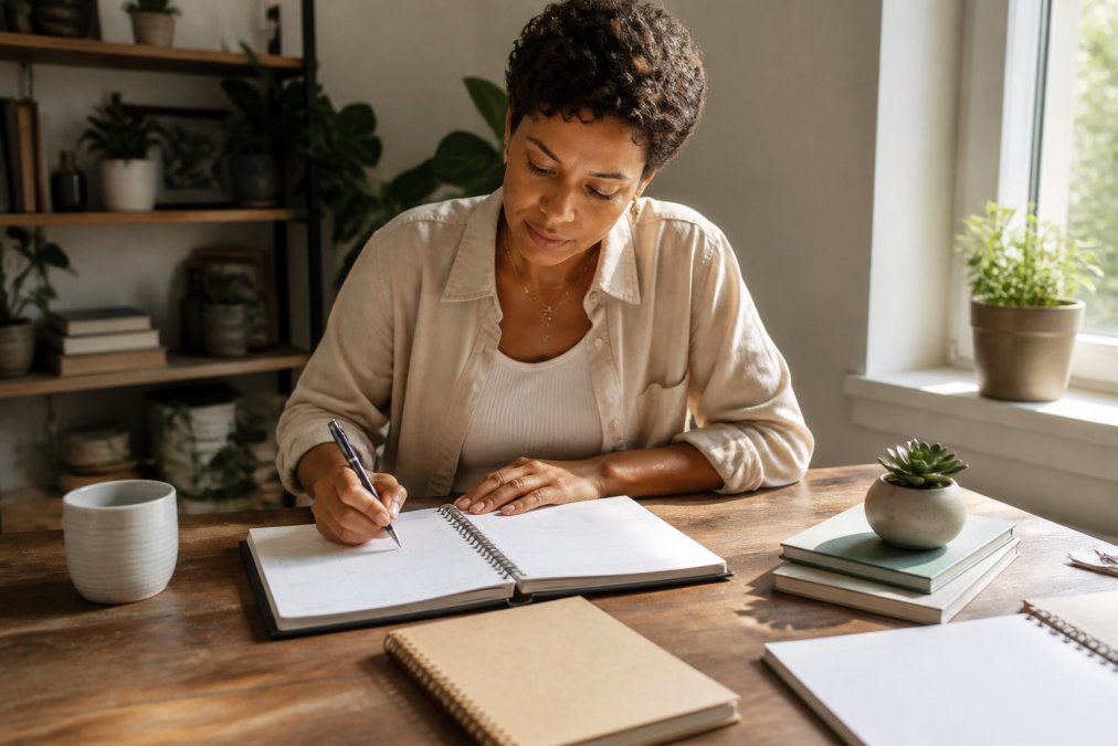 Solopreneur seated at wooden desk with laptop, open planner, calendar, and notebook, morning light from window illuminating organized workspace with focused expression