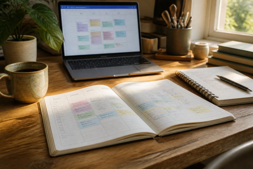 Solopreneur's desk showing weekly planner with time blocks clearly marked, laptop displaying calendar, coffee cup, and organized workspace with natural afternoon light