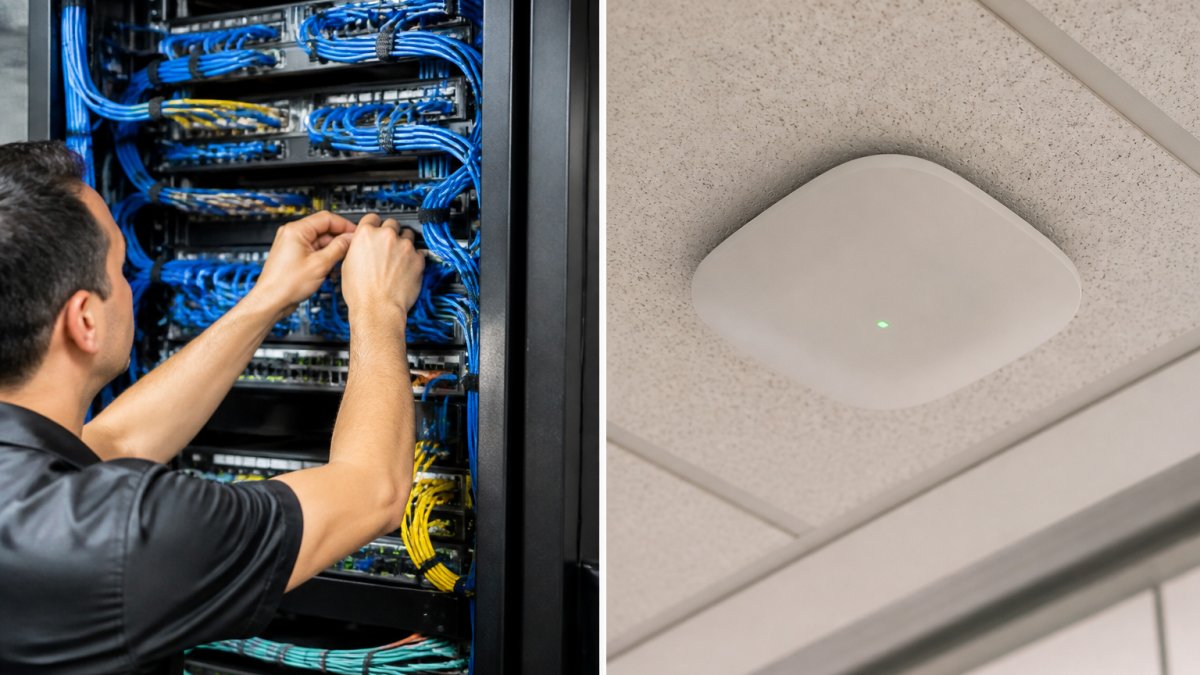 Professional network technician installing organized fiber optic cables in a server rack with patch panels and network equipment in a modern office infrastructure room