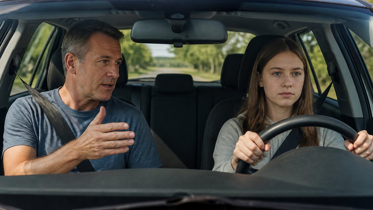Parent and teen in a car during a calm practice session, parent gesturing calmly while teen focuses intently on the road ahead, natural daylight through windshield