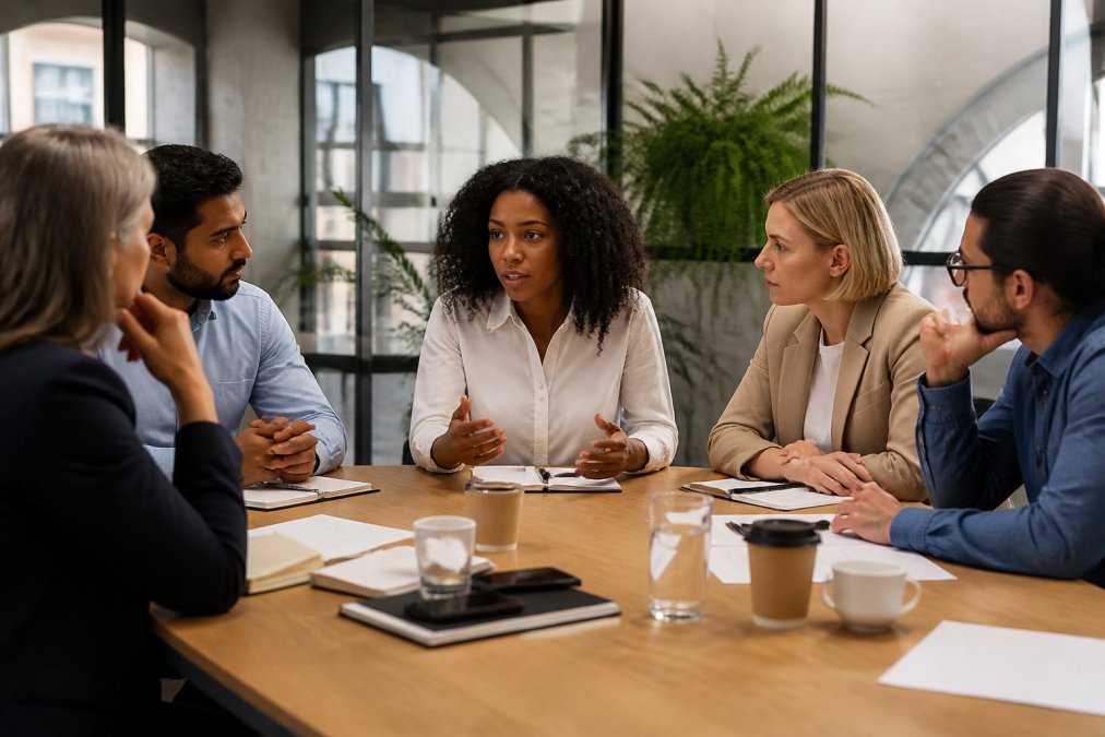 Professional illustration showing difficult team meetings