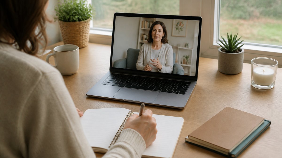 Person sitting comfortably in a calm, softly lit space with a laptop, appearing relaxed and focused during a virtual session