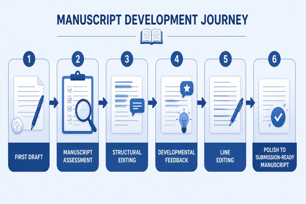 Flowchart of the manuscript development journey: first draft to manuscript assessment, structural editing, developmental feedback, line editing, and polish to submission-ready manuscript