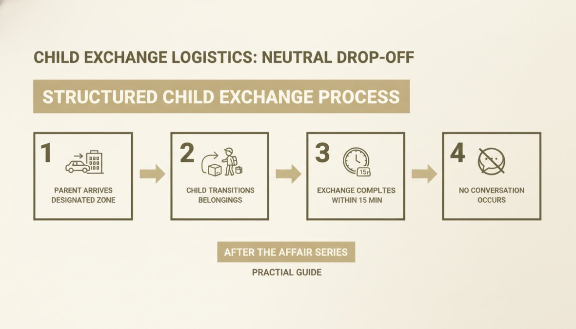 Structured Parenting Plan for High Conflict: A Practical Guide 2 Flowchart showing structured child exchange process: parent arrives in designated zone → child transitions belongings → exchange completes within 15 minutes → no conversation occurs