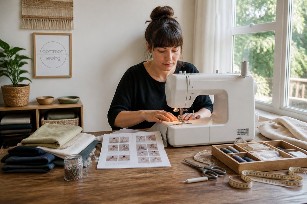 Beginner following a printed guide during structured sewing lessons at a home workspace