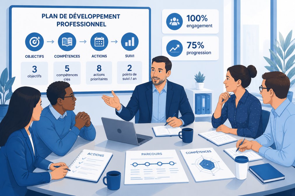 Manager en réunion avec son équipe autour d'une table, discutant d'un plan de développement professionnel avec notes et documents visibles, lumière naturelle d'une fenêtre
