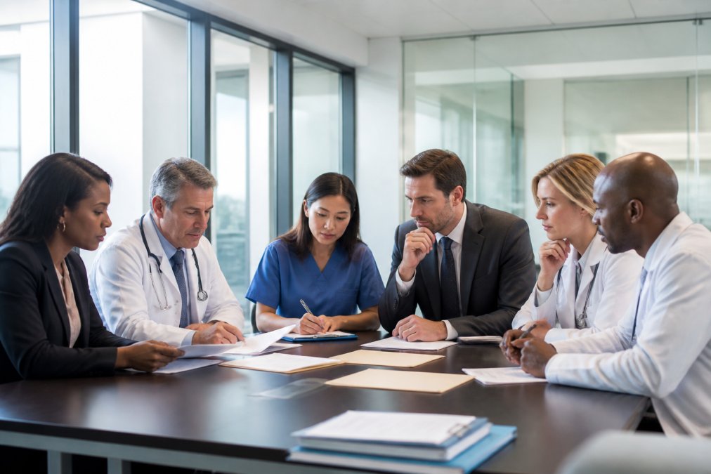 Professional diverse group of physicians and practice administrators collaborating around a conference table with documents and laptops during strategic planning meeting, natural office lighting