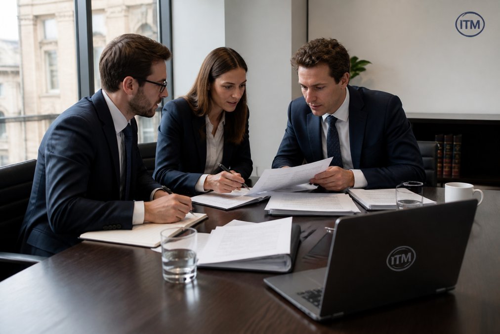Two corporate lawyers and a project finance director reviewing SPV incorporation documents at a boardroom table, with a laptop showing a corporate structure page and natural window light