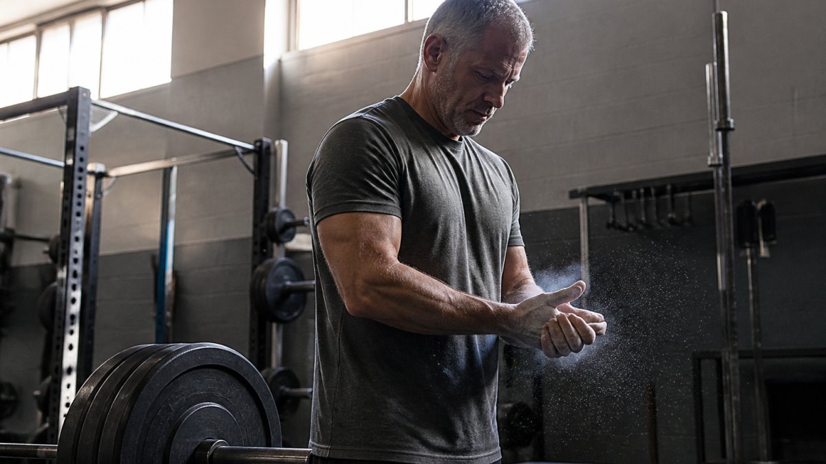 A man in his fifties in a heavyweight cotton gym t-shirt chalking his hands beside a loaded barbell in a plain strength gym, morning light through high windows