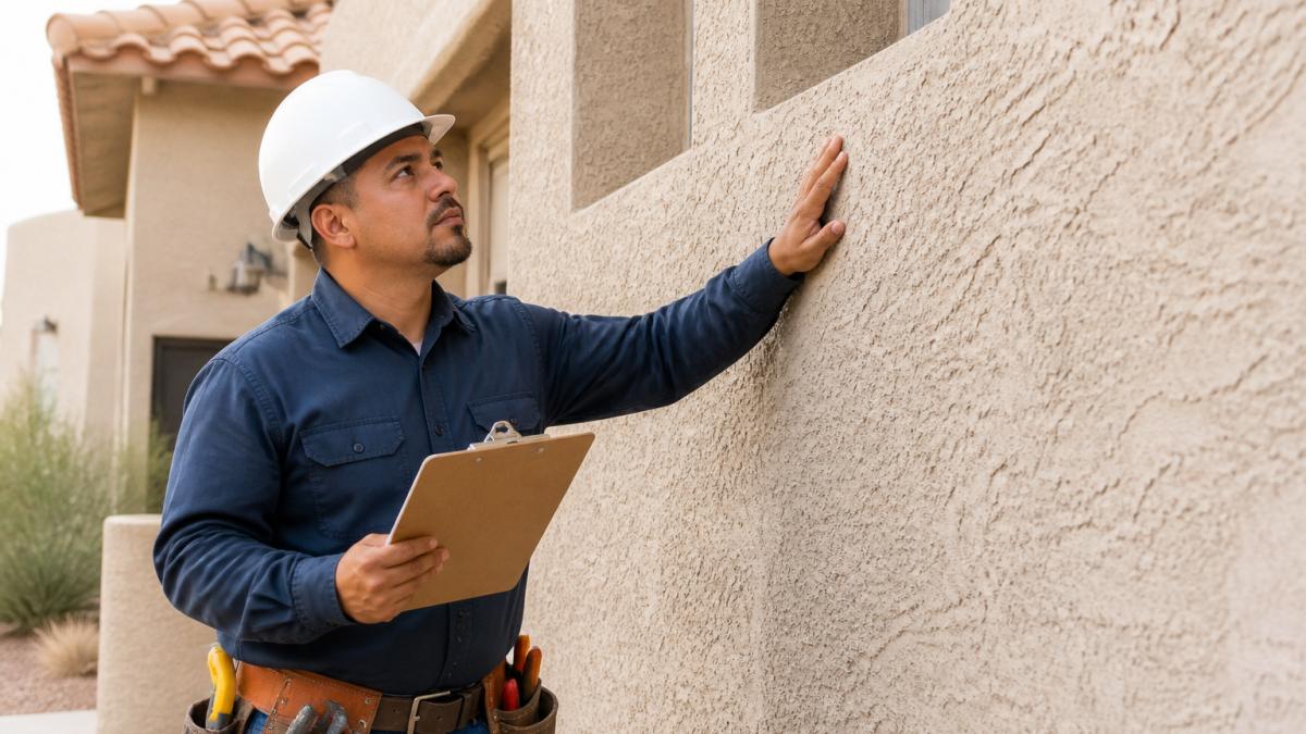 A stucco contractor in a work shirt and hard hat inspecting a textured exterior wall of a Southwestern home, with a clipboard and tool belt visible, bright daylight