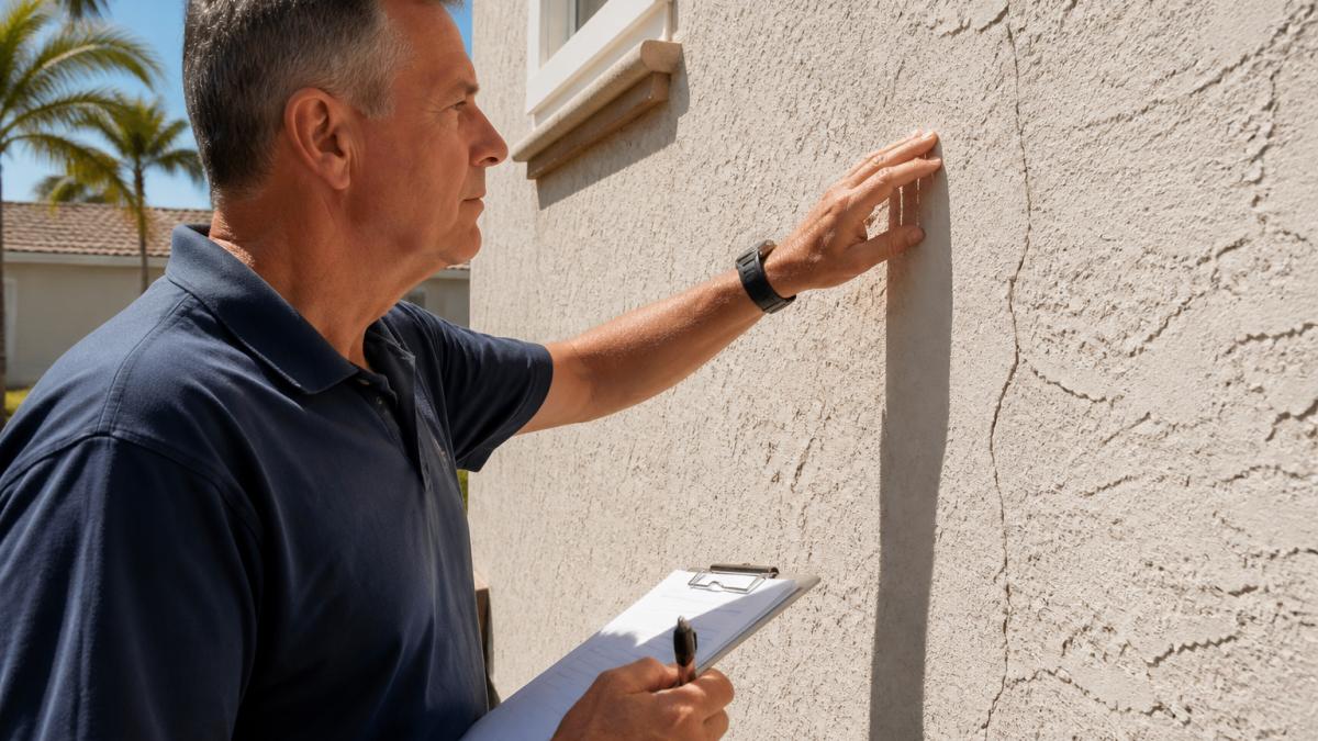 Close-up of a homeowner inspecting hairline cracks in stucco on a coastal home exterior, with a clipboard and pen in hand, bright sunlight, palm trees blurred in the background