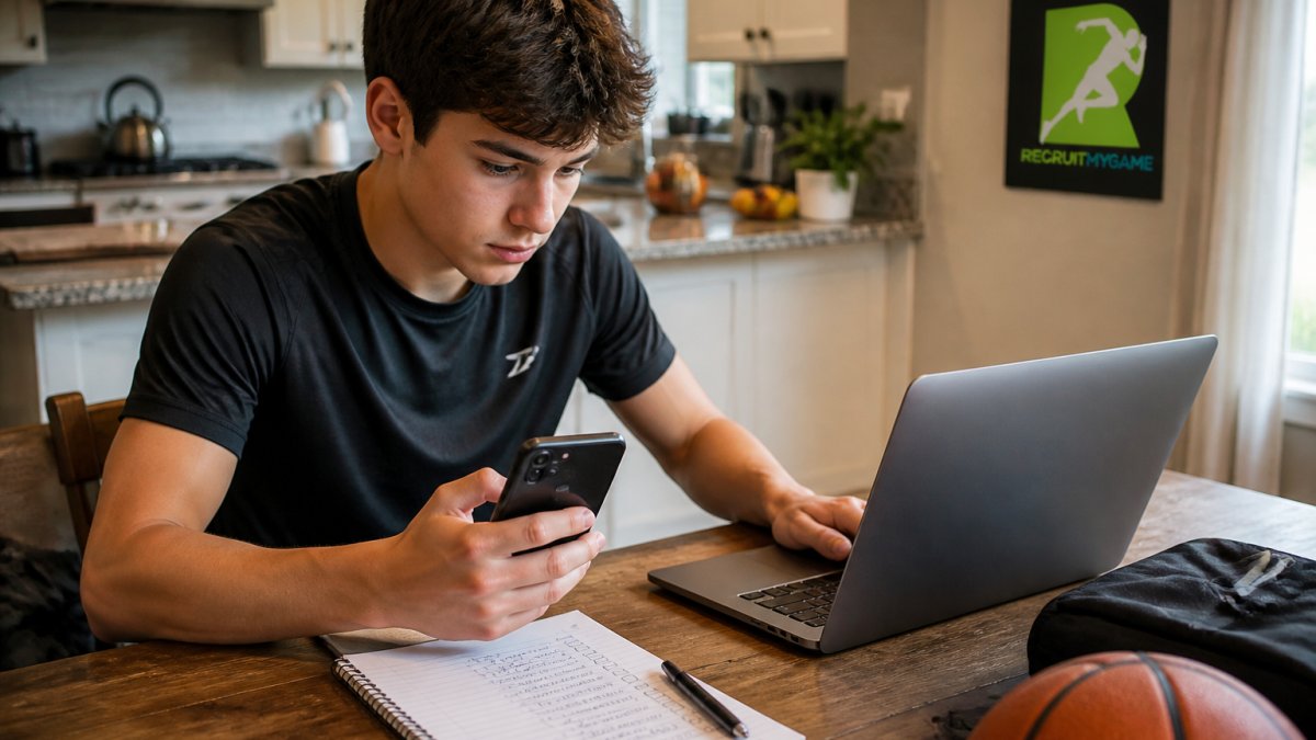 A high school student-athlete sitting at a kitchen table with a smartphone and laptop, reviewing their social media profile and a recruiting profile page on screen, notebook with checklist beside them