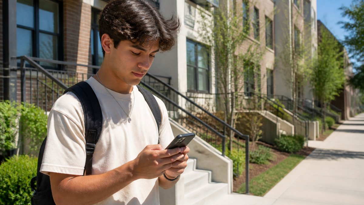 Student holding smartphone while standing outside a student rental property, checking listings and messaging a landlord through a mobile app on a sunny day