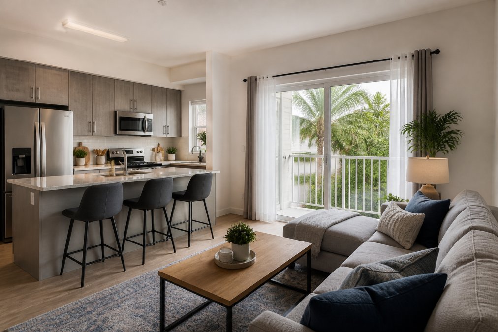 Student Housing Options Near FAU: A 2026 Guide 2 Modern apartment living room with stainless steel appliances, quartz countertops, and comfortable furnishings in contemporary student housing, natural light streaming through windows