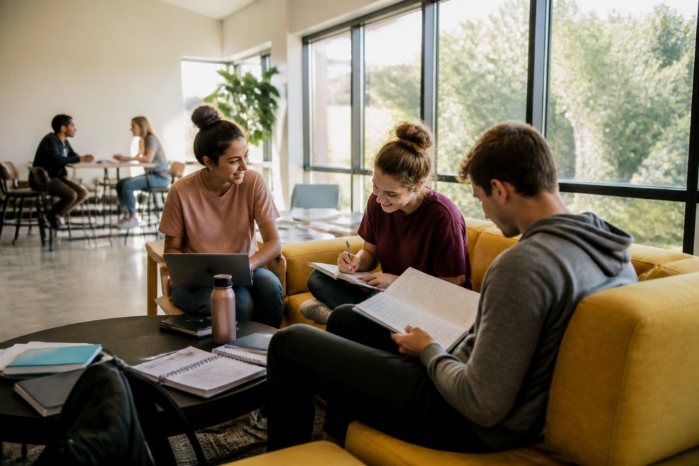 Student Housing Options Near FAU: A 2026 Guide 3 Students studying together in bright, modern study lounge with laptops, comfortable seating, and natural light from large windows