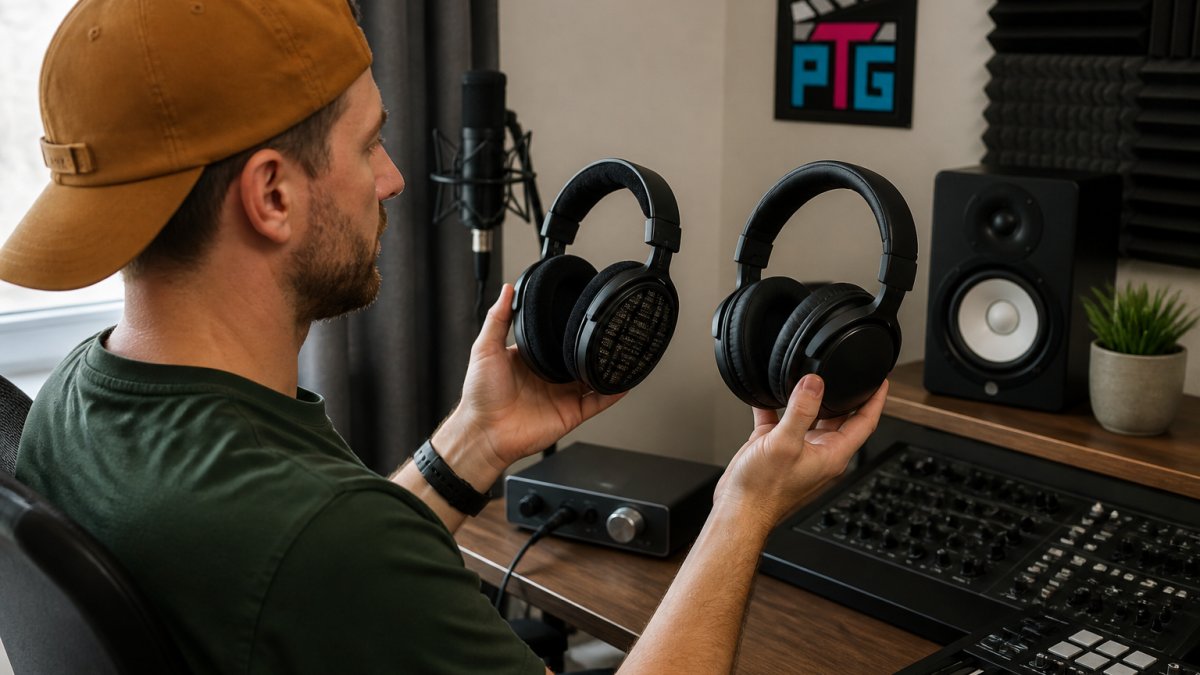 Music producer comparing open-back and closed-back reference headphones at a studio desk with a DAW session visible.