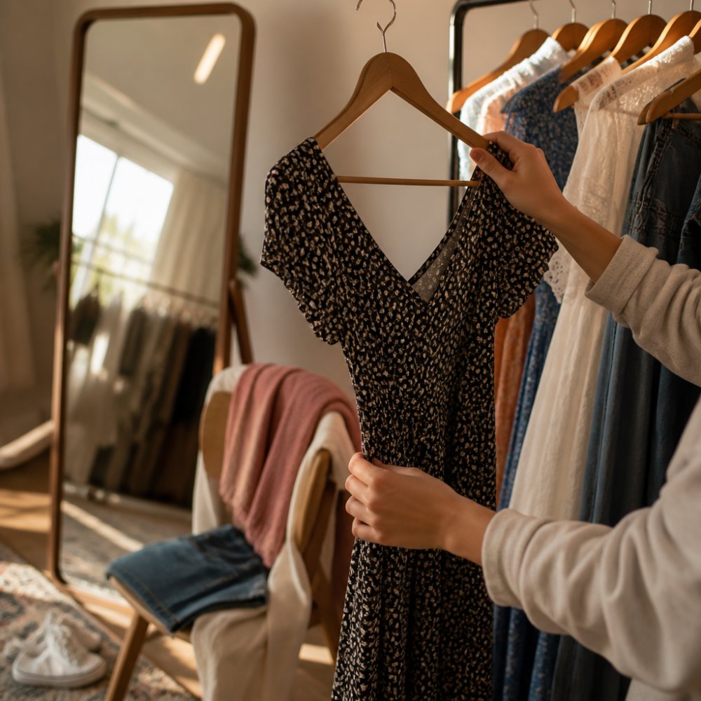 High school senior trying on different outfit options in a bright, comfortable changing area, with multiple clothing choices visible on hangers and a full-length mirror nearby