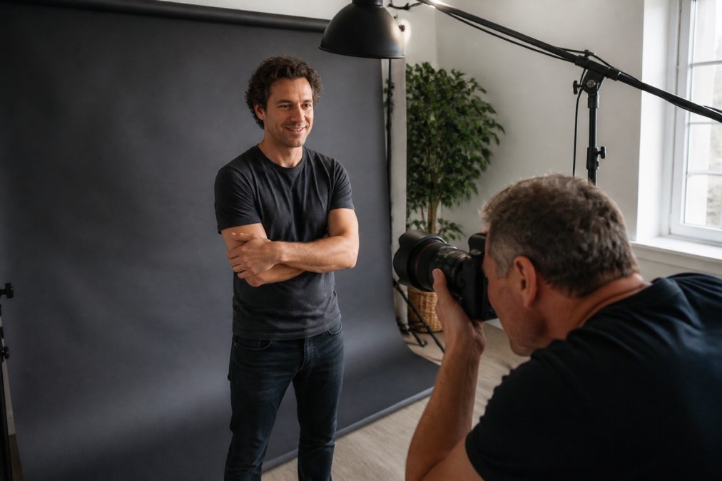 Professional actor in modern studio with controlled lighting setup, softbox array, soundstage backdrop, and professional camera equipment visible