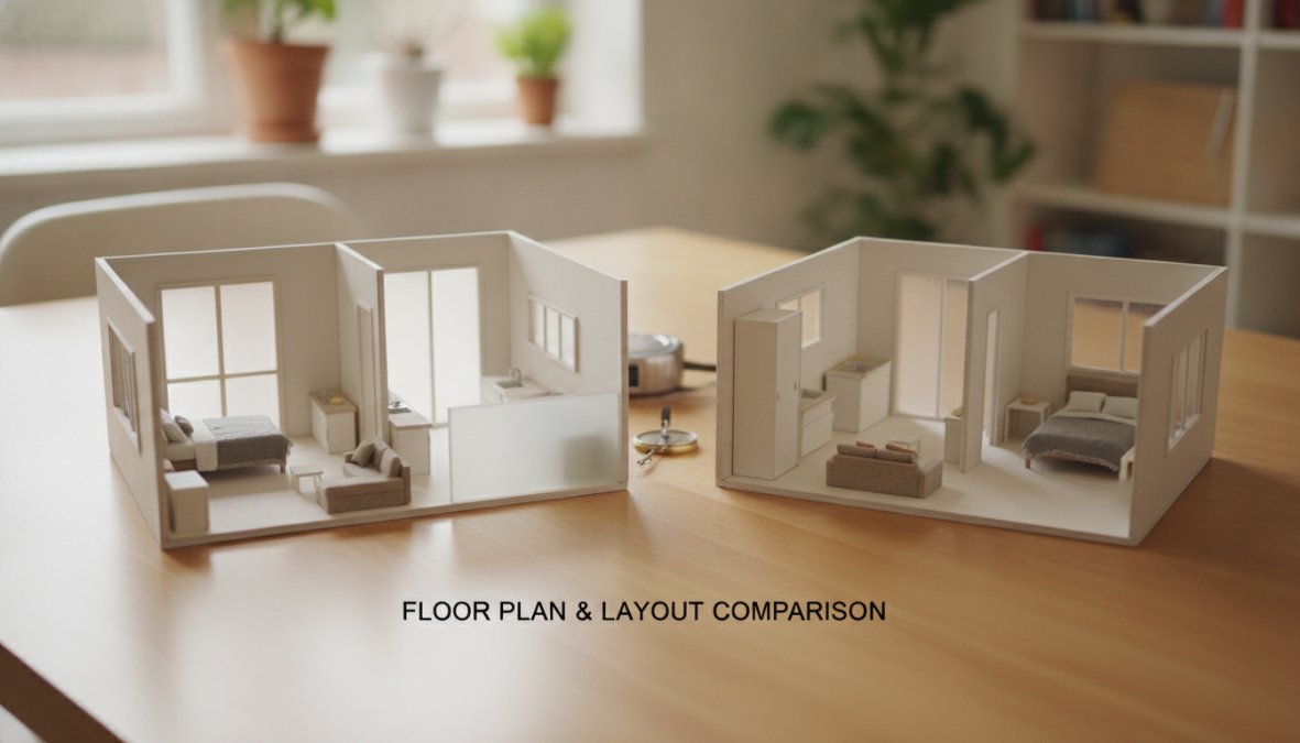 Bright, sunlit studio apartment interior showing a neatly arranged open-concept living space with a low platform bed near a window, a compact kitchen with white cabinets along one wall, and a small sofa facing a wall-mounted TV, all within a single partitioned room