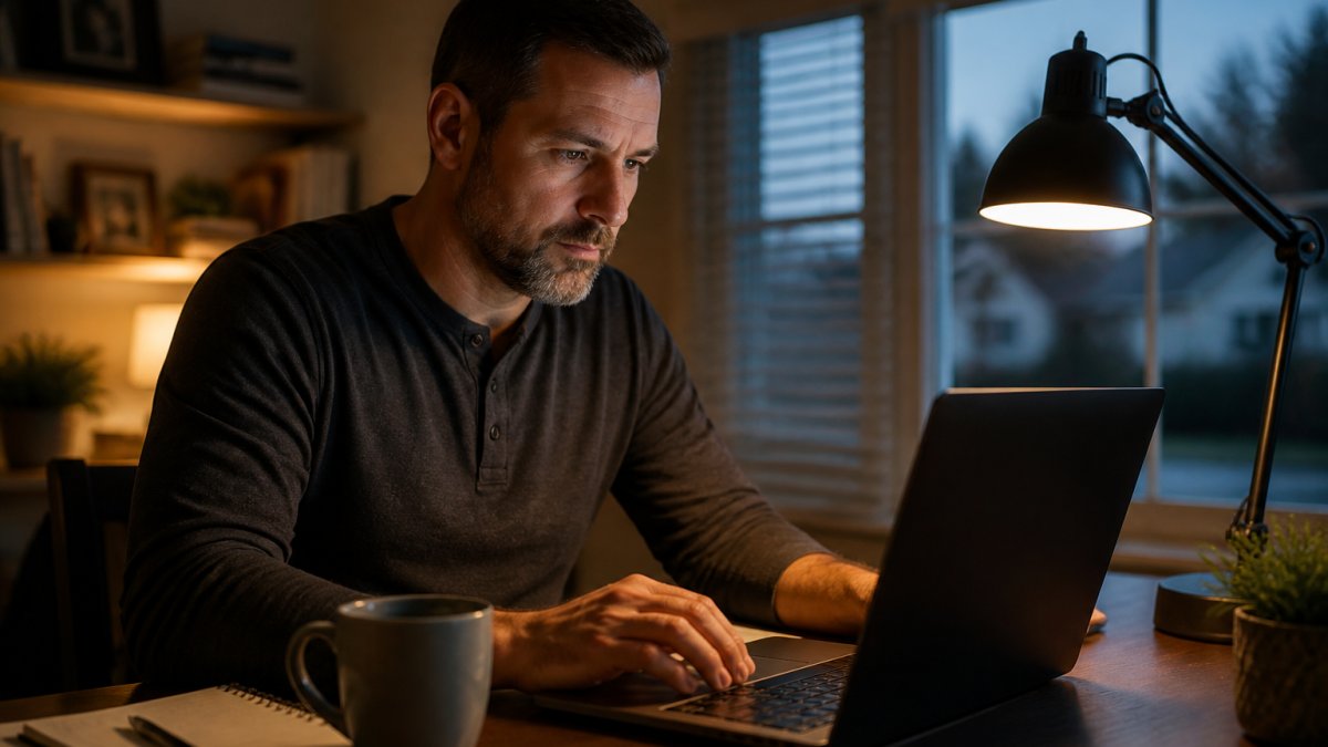 Professional studying at a laptop during evening hours with coffee and notebook nearby, warm desk lamp lighting and natural focus on screen