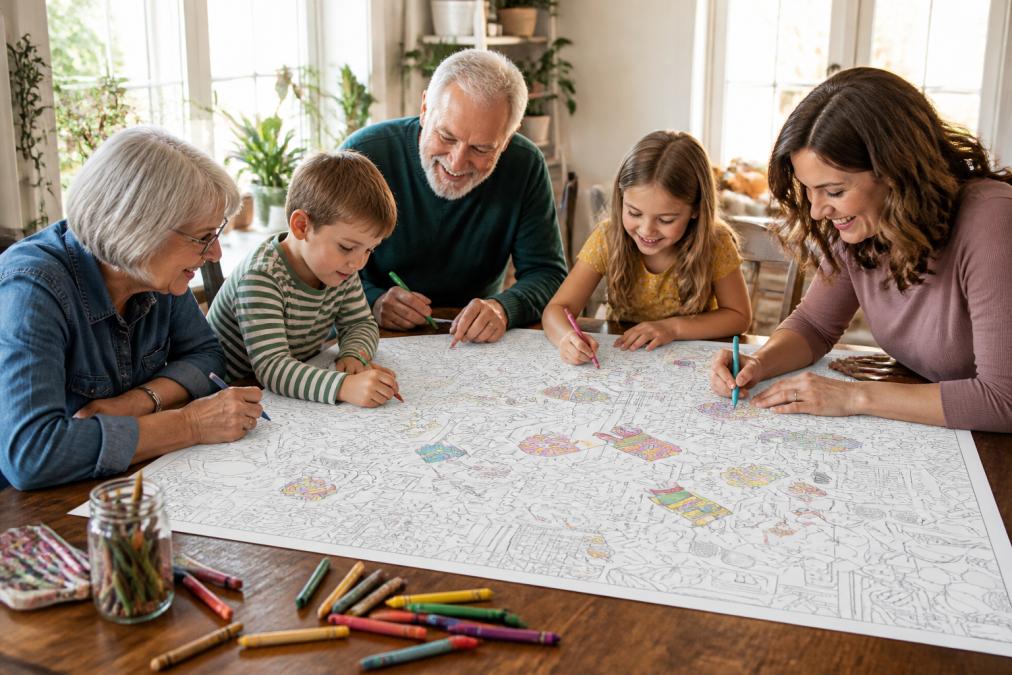A multigenerational family gathered around a large wooden table working on a giant coloring sheet together, with markers, colored pencils, and crayons spread across the surface in natural afternoon sunlight