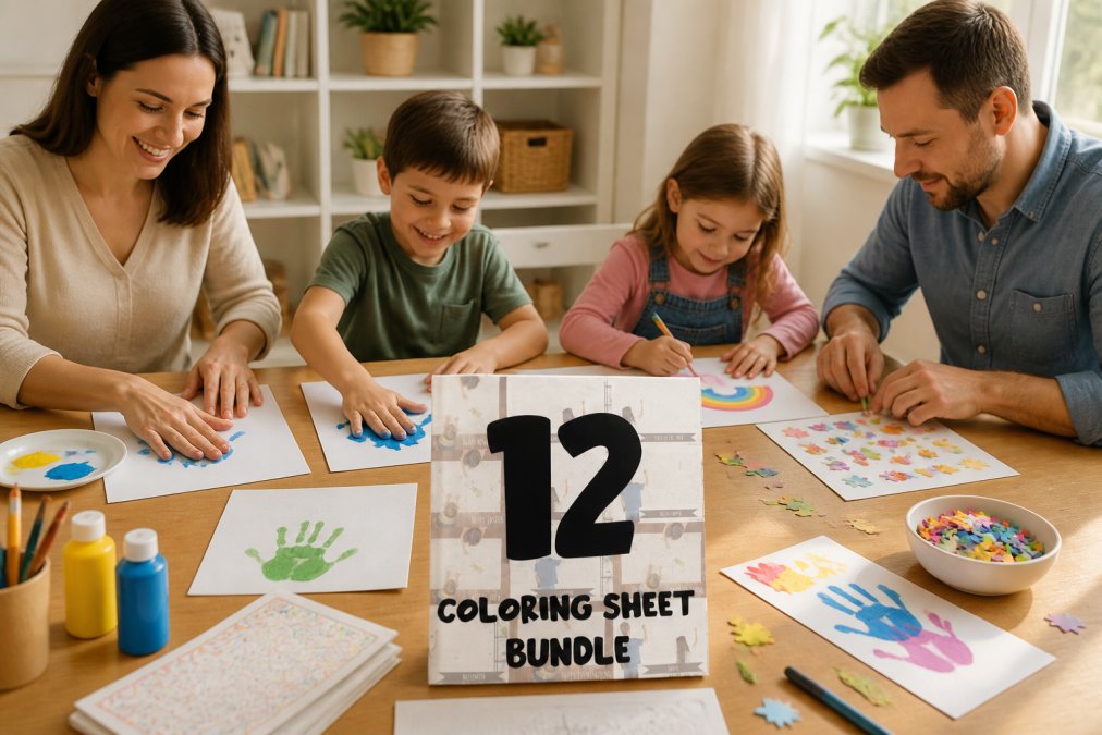 Children and adults engaged in various no-mess craft activities including handprint art, collaborative drawing, and decorating projects in a bright, organized home setting with natural light streaming through windows