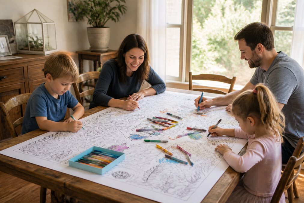 A family with two young children gathered around a large wooden dining table, working together on a giant coloring sheet that covers the entire tabletop, crayons and markers scattered around, warm afternoon light through a nearby window