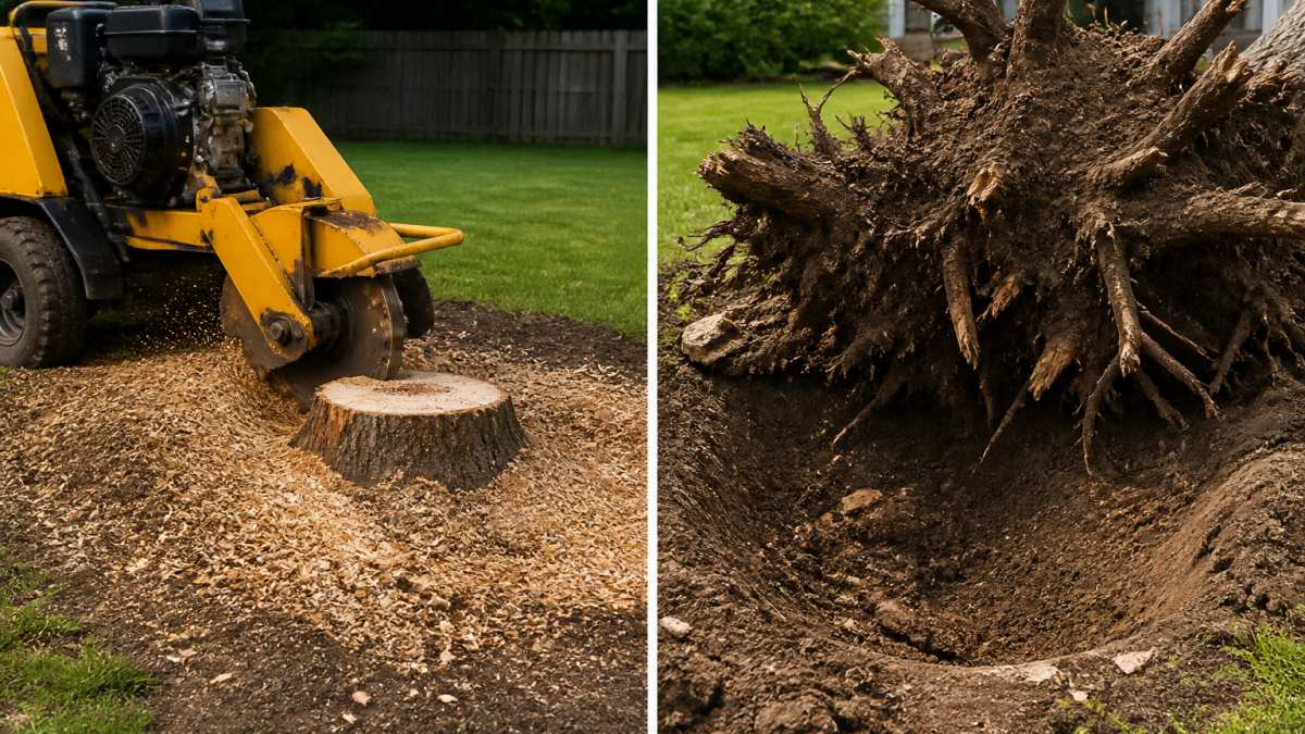 Stump grinder cutting into a tree stump surrounded by wood chips in a residential yard