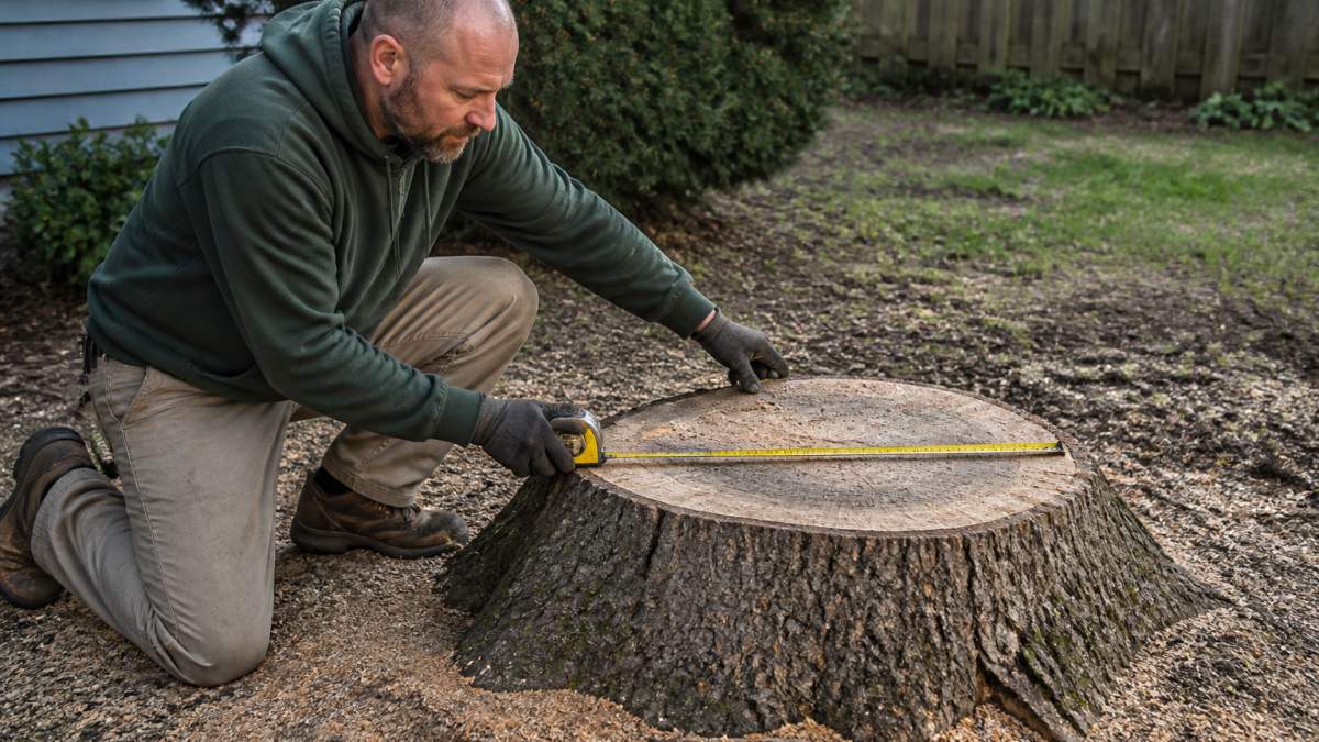 Homeowner measuring a tree stump diameter to estimate the stump removal cost in a backyard.
