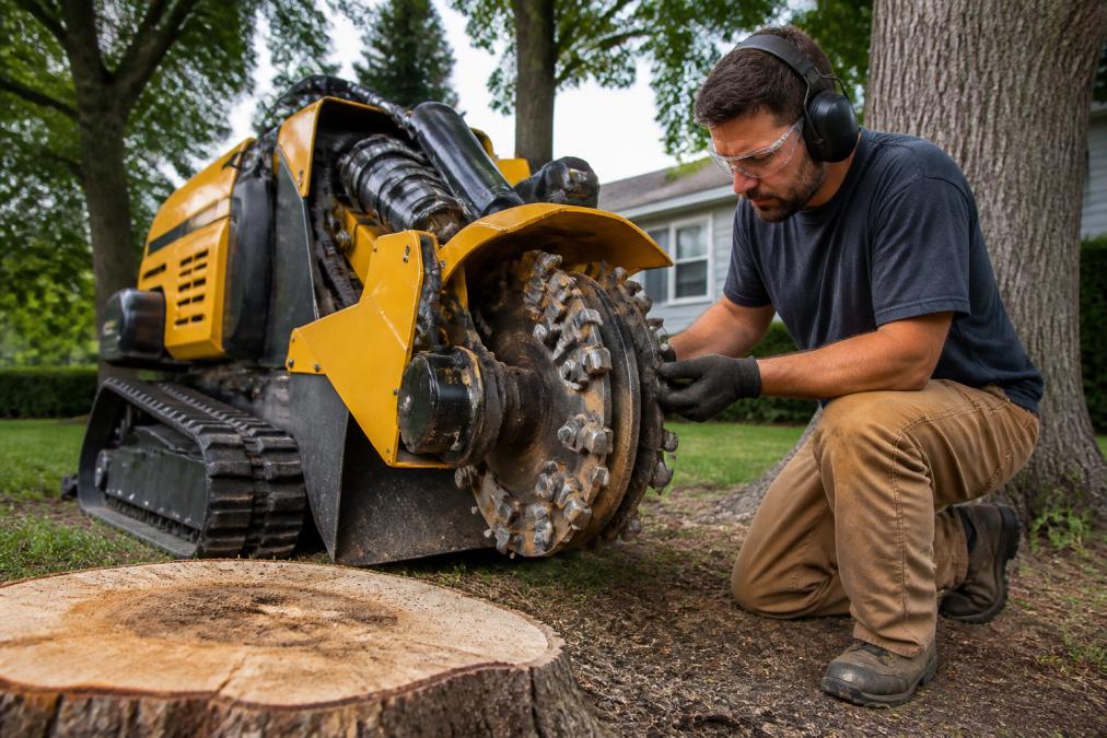 A commercial-grade tracked stump grinder parked on a residential lawn beside a freshly cut tree stump, with a landscaper in safety glasses and hearing protection inspecting the grinding wheel and teeth