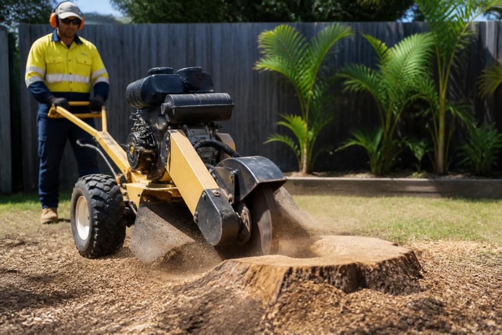 Stump grinder with carbide cutting wheel actively grinding down a tree stump in a residential backyard, showing dust and progressive grinding action with operator in background