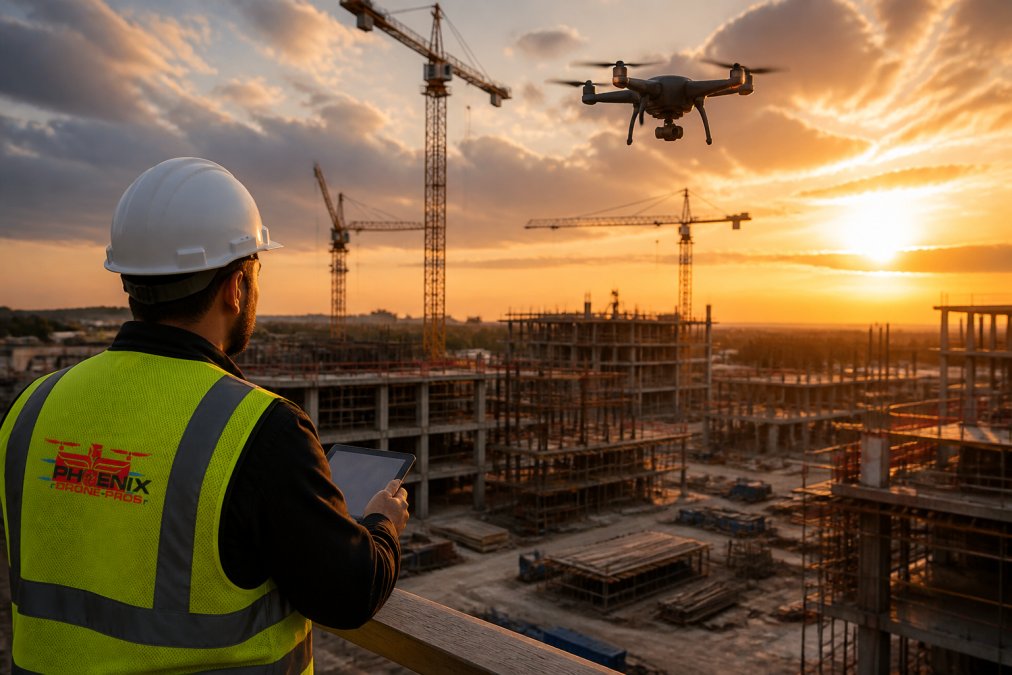 Drone hovering over a construction site as a manager reviews aerial footage for architecture on a tablet