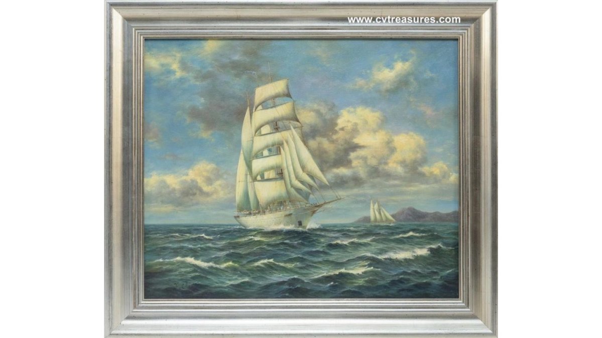 Stunning Seascape Schooner Sail Boat Oil Canvas Painting J Clark