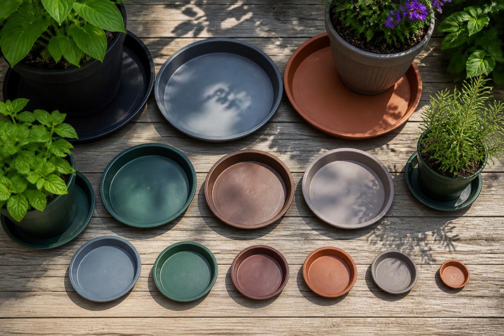 Overhead view of various sized sturdy garden saucers arranged on a wooden deck, showing progression from small 3-inch to large 21-inch saucers, with potted plants sitting in several of them, natural sunlight casting shadows